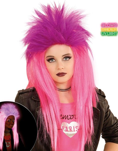 Neonrosa och Lila Mulletperuk till Barn - Lyser Under UV-Ljus