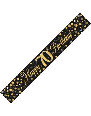 Happy 70th Birthday - 2,7 Meter Svart og Gullfarget Holografisk Banner