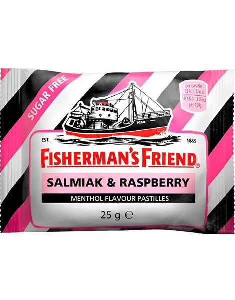 Sukkerfri Fisherman's Friend med Smak av Bringebær, Salmiak og Mentol 25 g