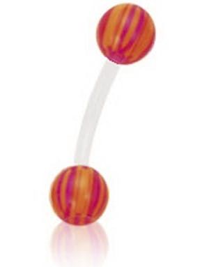 Banan Ögonbrynspiercing i Vitt med Randiga Orange och Rosa Kulor - 1.2 x 8 mm