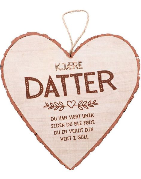 "Kjære Datter" Hjerteformet Skilt i Tre 15x15 cm