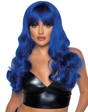 Lang Bølgete Parykk med Pannelugg – Blå