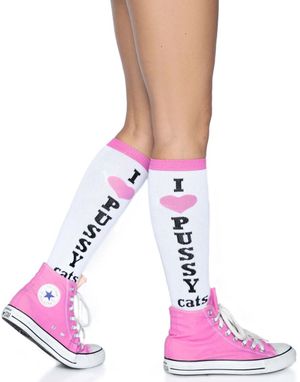 Hvite Knestrømper med "I Love Pussy-Cats" Tekst