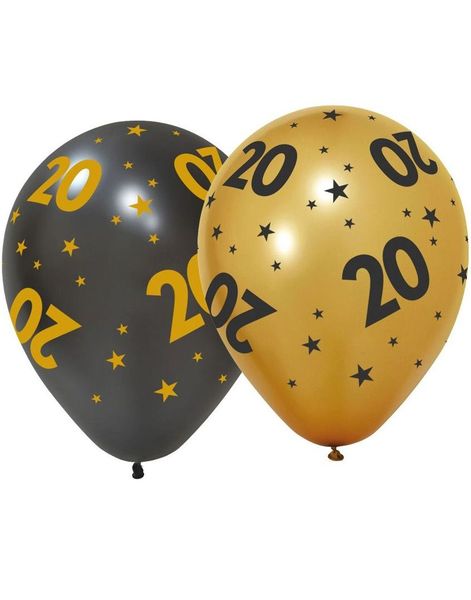 6 stk 20 års Feiring Ballonger 30 cm - Svart og Gull