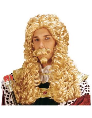 Herre Medeltid - Blond Krullig Peruk, Mustasch och Skäggtuss