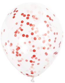 6 stk 30 cm Genomskinliga Ballonger med Röd Konfetti