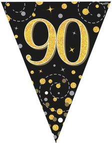 90-års Feiring Svart og Gullfarget Banner med 11 Flagg - 3,9 Meter