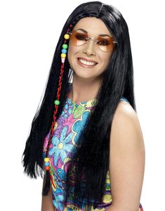 Svart Lång Hippieperuk med Pärlor