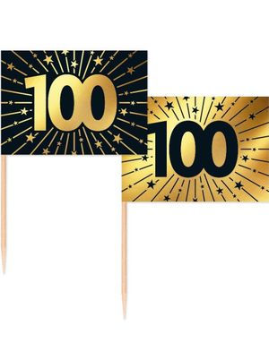 50 St 100 År Mat-/Tårtflaggor 6,5 Cm - Svart Och Guld