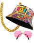 80-tals Party Kit – Bucket-hatt, Guldkedja och Rosa Solglasögon