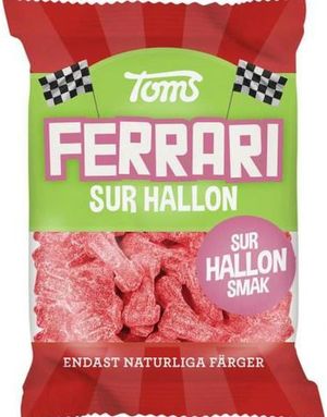 Toms Ferrari Sur Hallon - Bilformade Sura Gelégodisbitar med Hallonsmak 120 gram