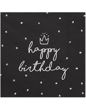 20 stk Svarta Happy Birthday Servietter 33x33 cm