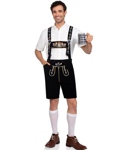 Bavarian Lederhosen - Svart Brodert Lederhosen til Herre