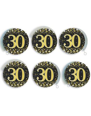 6 stk 30-Års Bursdag Svart og Gullfarget Holografiske Swirls