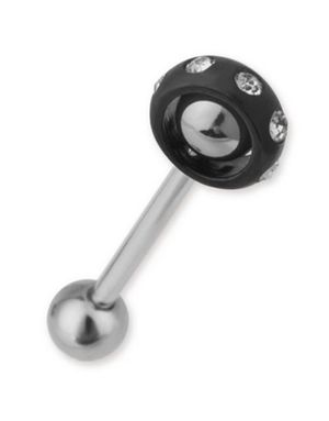 Roterande Cirkel - Svart/Silverfärgad Tungpiercing med Klara Stenar