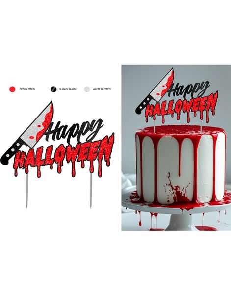 Blodig Kniv "Happy Halloween" – Glittrig Tårtdekoration