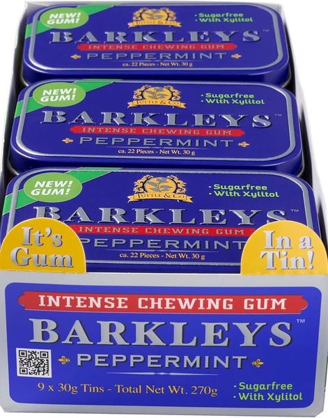 9 St Barkleys Sugarfree Peppermint Intense Tuggummi - Hel Låda 270 Gram
