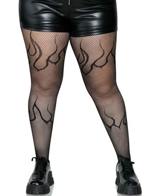 Svart Nettingstrømpebukse m/ Flamme Mønster Plus Size