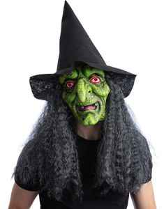 Grønn Latex Heksemaske med Hår og Hatt