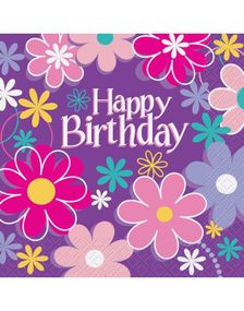 20 St "Happy Birthday" Servetter med Blommigt Motiv 33x33 - Birthday Blossoms
