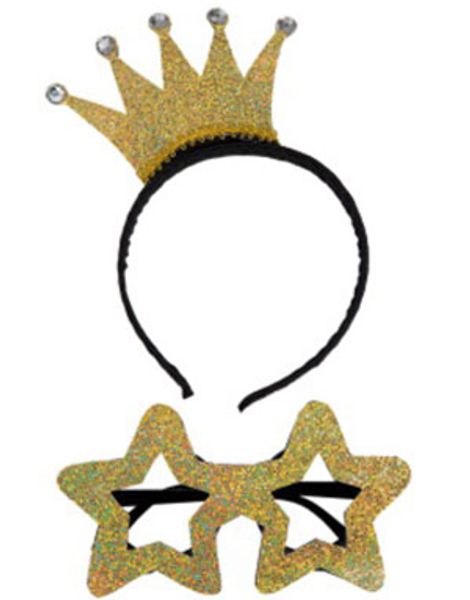 Set med Diadem med Guldfärgad Krona och Stjärnglasögon