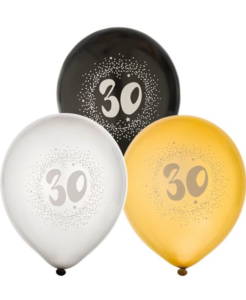 30 år - 6 stk Svarta, Silver- och Guldfärgade Ballonger 30 cm
