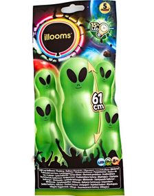 5 stk Ballonger med LED Lys - Stor Grønn Alien -illoms