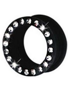 Silikon Piercing Tunnel i Svart med Klara Stenar