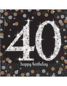16 stk 40 År Happy Birthday Servietter med Glitrende Trykk 33x33 cm