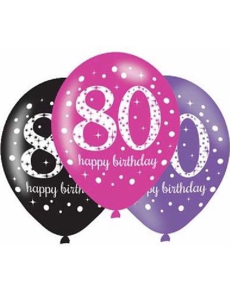 80-Års Dagen - 6 stk Svart, Rosa og Lilla Ballonger 27,5 cm