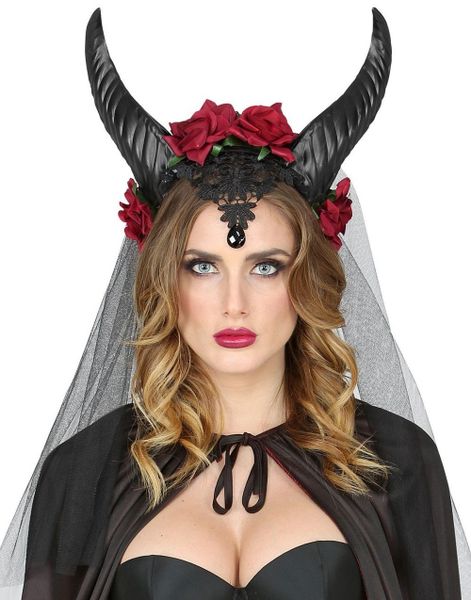 Svarta Demonhorn med Blommor, Slöja och Smycke