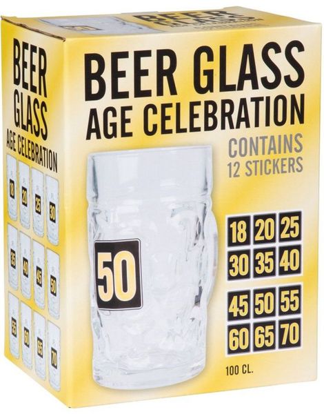 Stort Anpassningsbart Jubileumsölglas med 12 st Tal-Stickers - 1 l