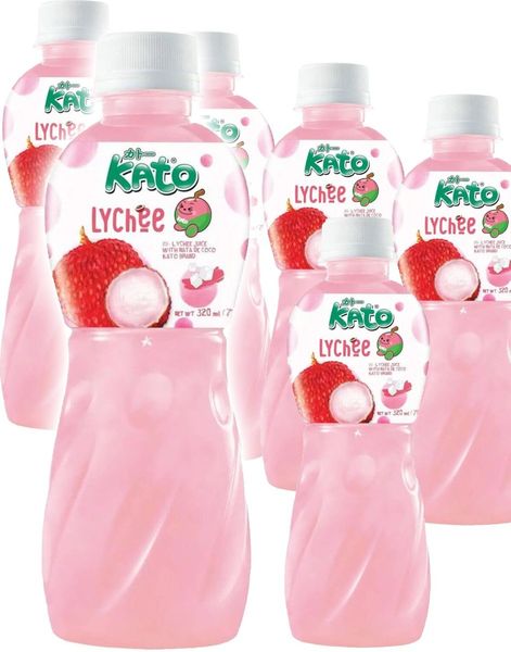 6 st Kato Fruit Juice Nata De Coco Lychee - Juice med Lycheesmak och Kokosgelébitar - Helt Paket 6x320 ml (Thailand)