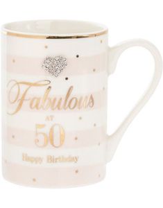 Hvit og Lysrosa Porselenkrus - Fabulous 50th Birthday  