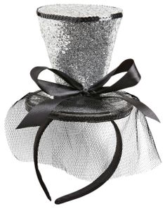 Glittrande Silver Mini Topp Hatt med Band och Slöja