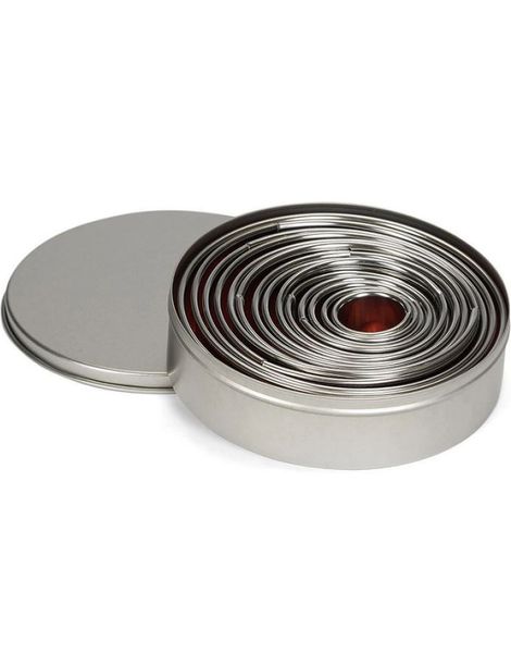 14 stk Runde Kake- og Kjeksutstikkere i Metallbeholder - 2,5 til 11,5 Diameter - Patisse