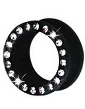 Silikon Piercing Tunnel i Svart med Klara Stenar