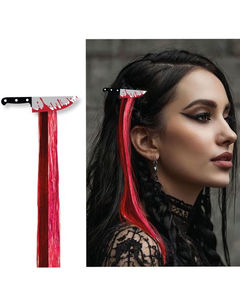 Hårklype med Glitrende Blodig Kniv og Rød Hairextension