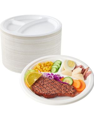 6 stk Store Hvite Gjenbrukbare 3-Delte Plastikktallerkener 26 cm