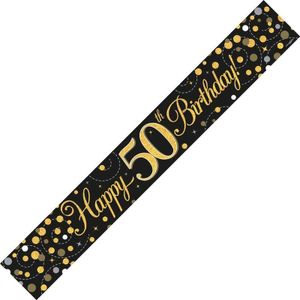 Happy 50th Birthday - 2,7 Meter Svart og Gullfarget Holografisk Banner
