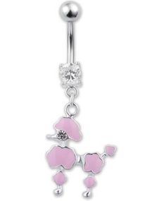 Silverfärgad Navelpercing med Hängande Pudel - Rosa