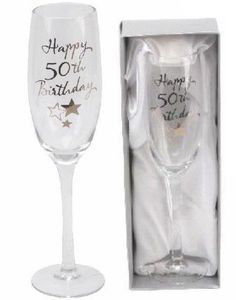 Happy 50th Birthday - Champagneglass med Sølvfarget Tekst og Motiver i Gaveeske 23 cm