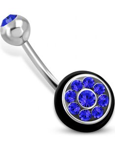Silverfärgad Navelpiercing med Svart O-ring och Blå CZ-Stenar