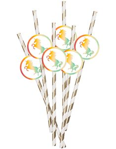 6 stk Guldfärgade Randiga Papperssugrör med Pappmotiv - Unicorn Gold