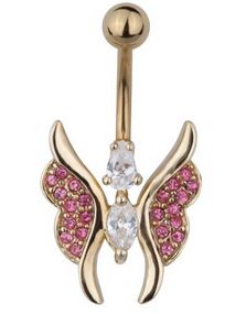 Guldfärgad Navelpiercing av Sommarfågel med Rosa & Vita Stenar