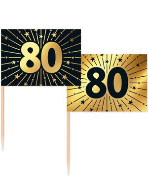 50 Stk 80 år Mat/Kakeflagg 6,5 cm - Svart og Gull