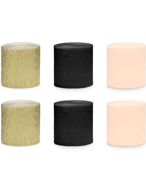 6 stk Gull, Svart og Rosa Fargede Krepp Streamers til Dekor