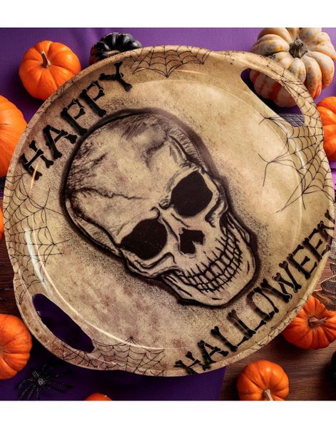 "Happy Halloween" Serveringsfat i Hardplast med Hodeskalle og Spindelvev - 30x33 cm