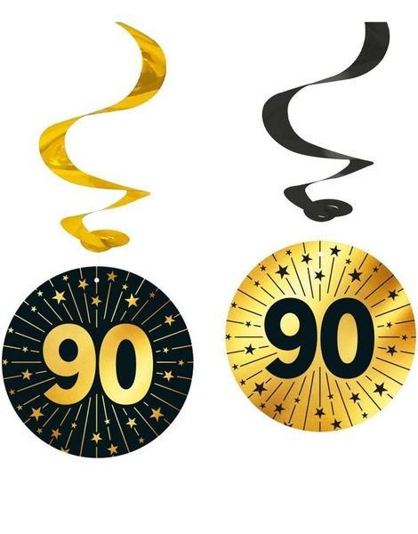 4 stk 90-års Feiring Hengende Swirls - Svart og Gull