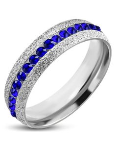 6 mm Silverfärgad Glittrande Stålring Infattad med Blå CZ Stenar